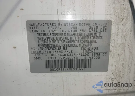 2022 Nissan Kicks S Xtronic Cvt z USA, uszkodzony, nr VIN 3N1CP5BVXNL531668